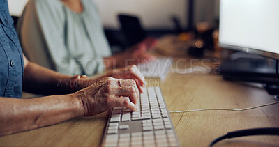 Buy stock photo Night, computer and hands of business woman in office for research, planning or project deadline closeup. Keyboard, typing and entrepreneur with internet, search or communication in coworking space