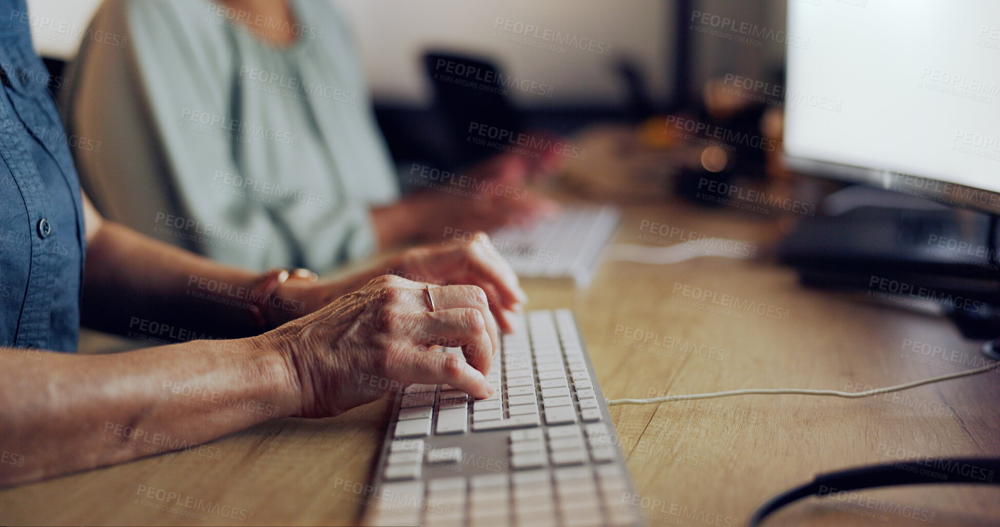 Buy stock photo Night, computer and hands of business woman in office for research, planning or project deadline closeup. Keyboard, typing and entrepreneur with internet, search or communication in coworking space