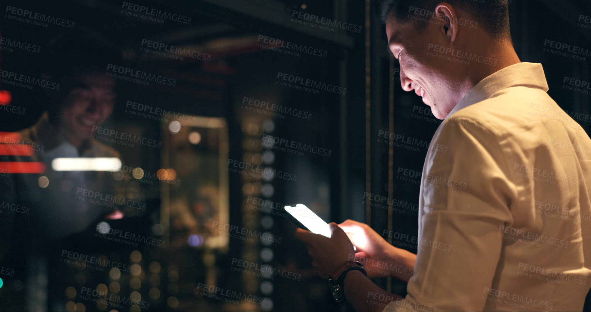 Buy stock photo Business, night and man with a smartphone, typing and connection with internet, social media and network. Person, employee or worker with a cellphone, evening or digital app with mobile user or email