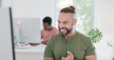 Computer, success and applause of business man celebrating goals, targets or office achievements. Winner, yes victory and male employee clapping to celebrate winning on stock market, bonus or reward