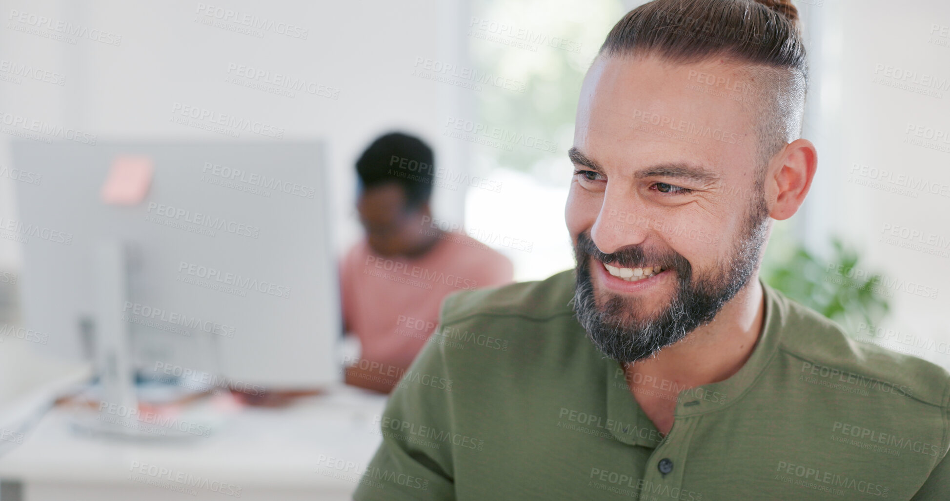 Buy stock photo Smile, professional and young businessman in the office doing research for creative startup company. Happy, career and male designer working on a project with positive attitude in a modern workplace.