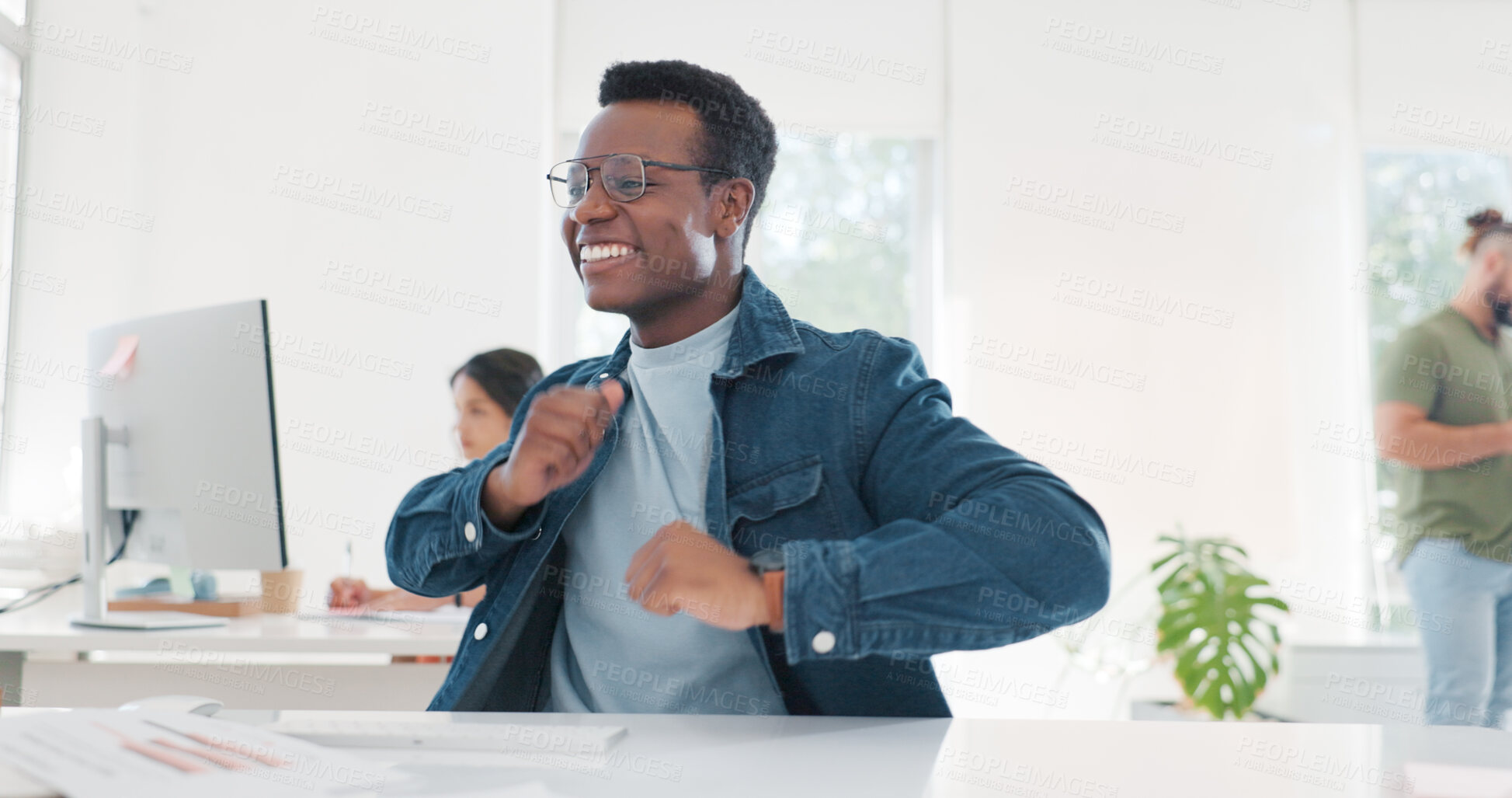 Buy stock photo Smile, dance and a black man designer in the office for motivation or success on a creative deal. Desk, celebration or promotion bonus with a happy and artistic young employee in the workplace