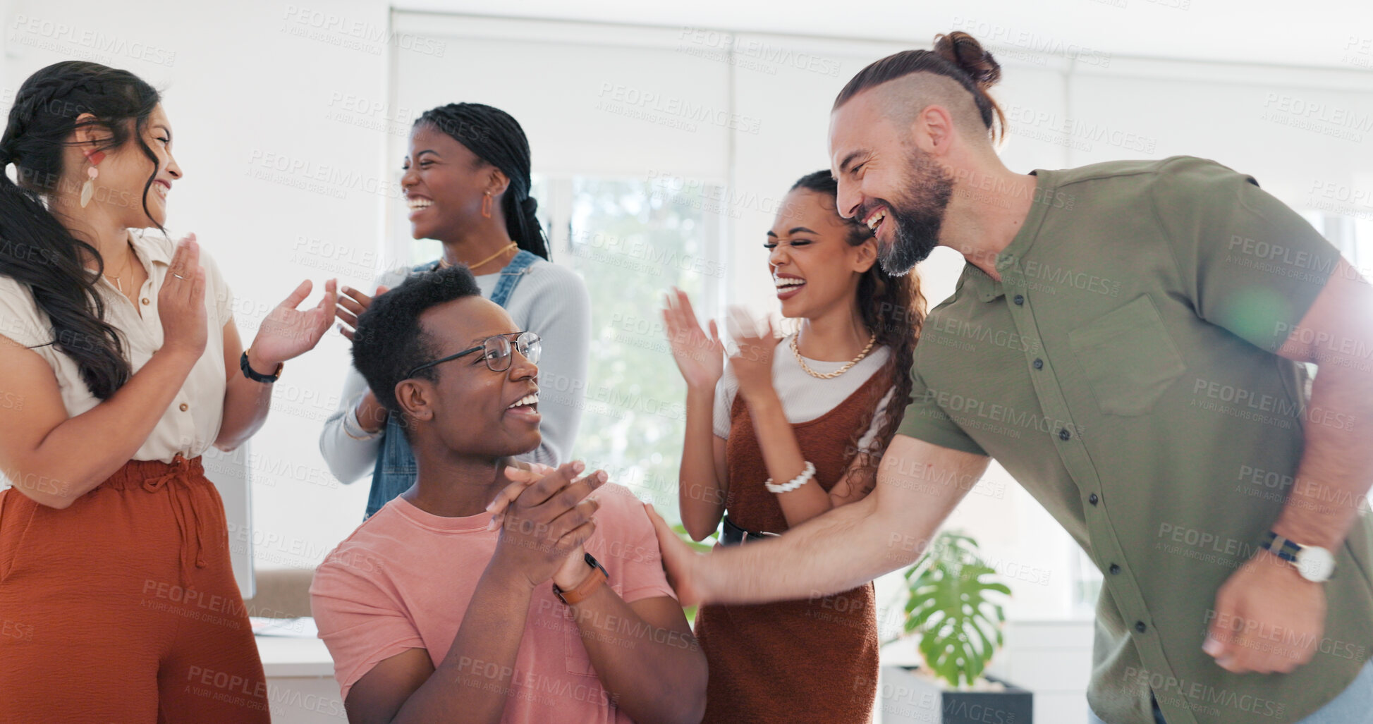 Buy stock photo Winner, success and applause with a business team in an office together for a deal or bonus celebration. Support, motivation or collaboration with an employee group clapping for a workplace promotion