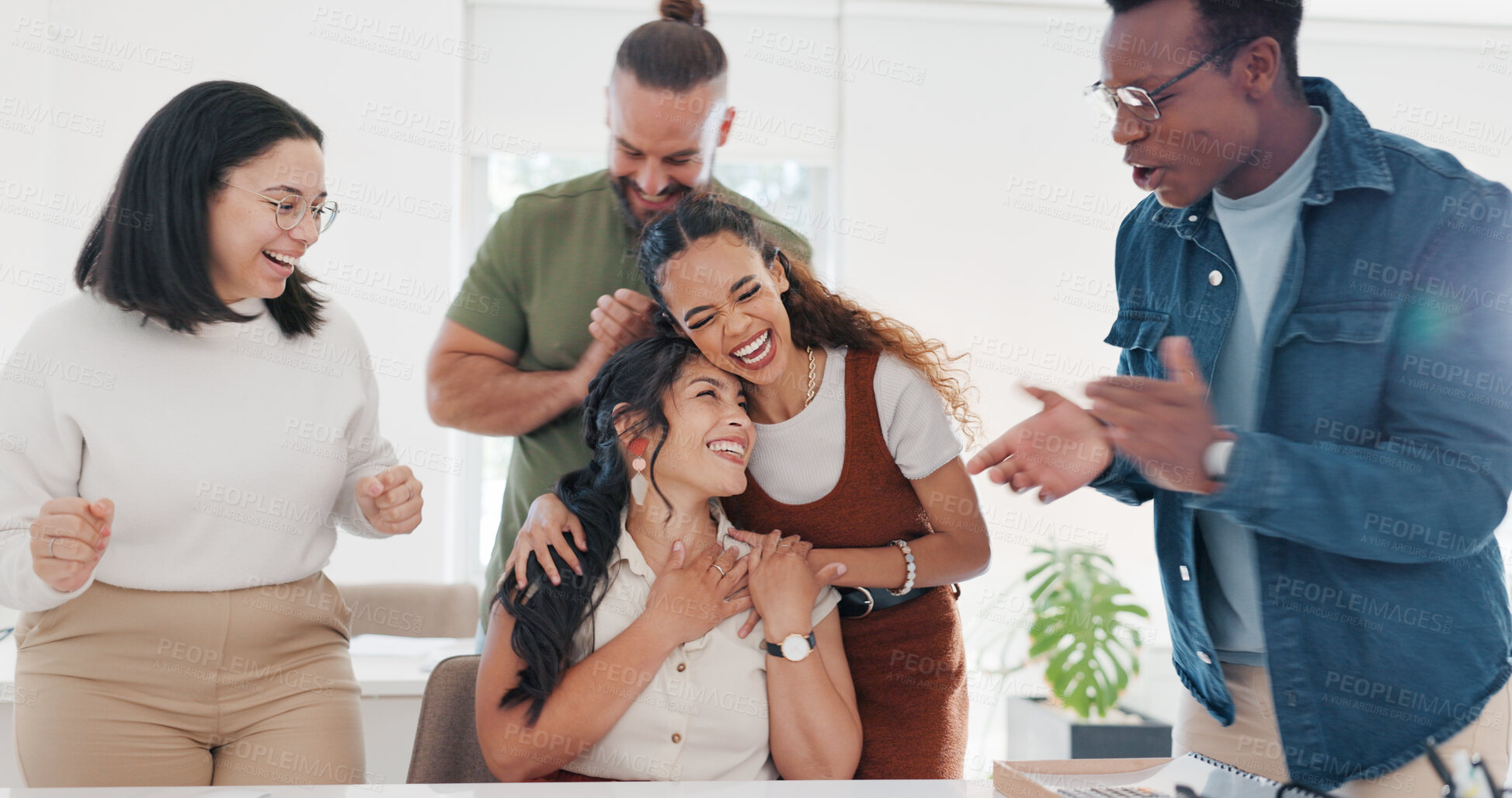 Buy stock photo Winner, applause and hug with a business team in an office together for a deal or bonus celebration. Support, success or collaboration with an employee group clapping for a workplace promotion