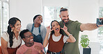 Group selfie, hand gesture and business people in office taking pictures for social media. Comic face, blowing kiss and friends, men and women with peace sign taking photo together for happy memory.