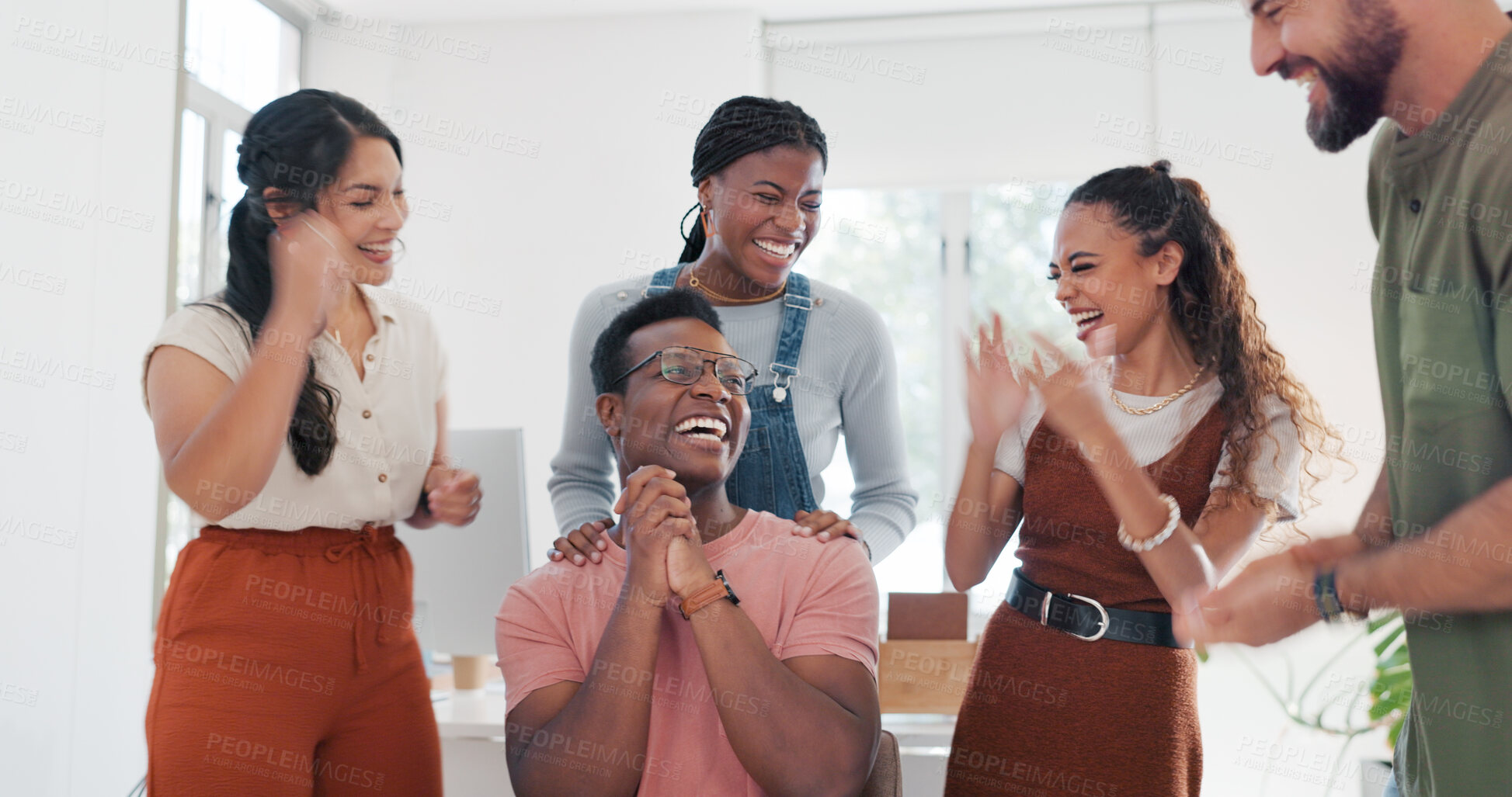 Buy stock photo Winner, support and applause with a business team in an office together for a deal or bonus celebration. Success, motivation or collaboration with an employee group clapping for a workplace promotion