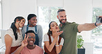 Group selfie, hand gesture and business people in office taking pictures for social media. Comic face, blowing kiss and friends, men and women with peace sign taking photo together for happy memory.