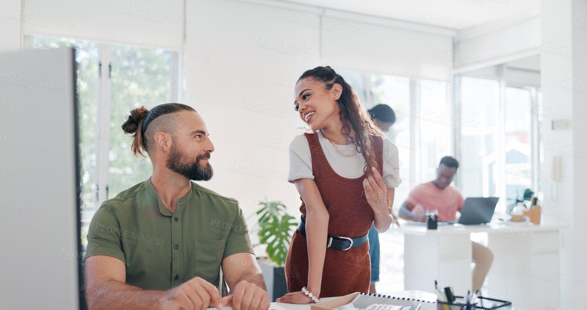 Buy stock photo Flirting, laughing and talking business people at work, funny conversation and happiness in an office. Friends, communication and woman being flirtatious with man while working together on a project