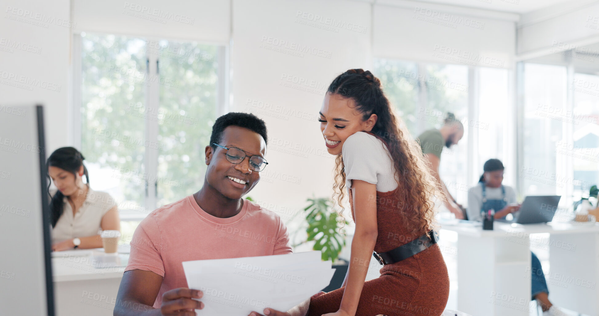 Buy stock photo Happy, business people and friends in office with documents for review, feedback or planning. Design, collaboration and designer team discuss paperwork, report or budget analysis in coworking space