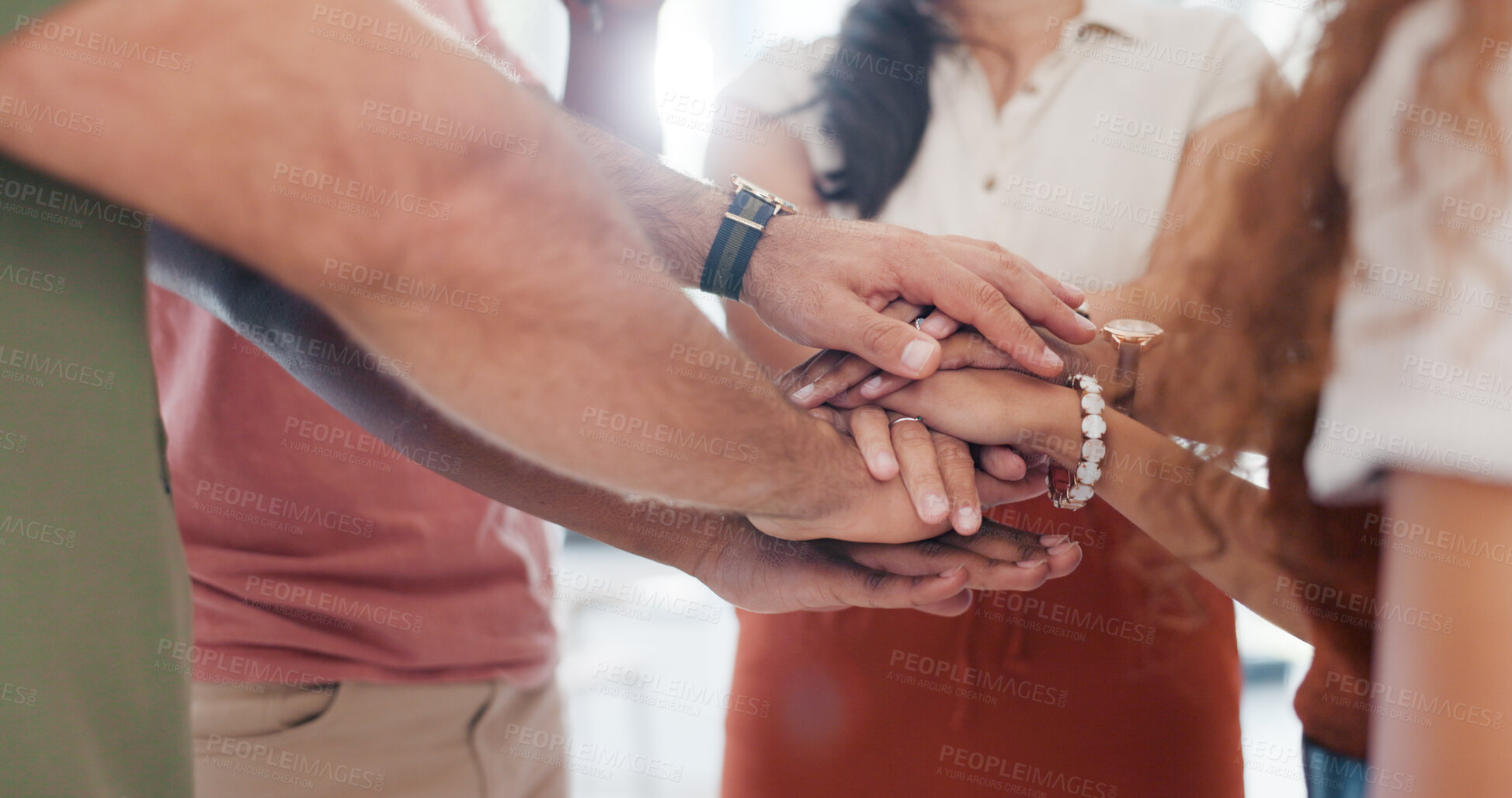 Buy stock photo Creative people, hands together and teamwork in collaboration, motivation or support at office. Closeup of employee group piling for team building, unity or support in solidarity, meeting or startup