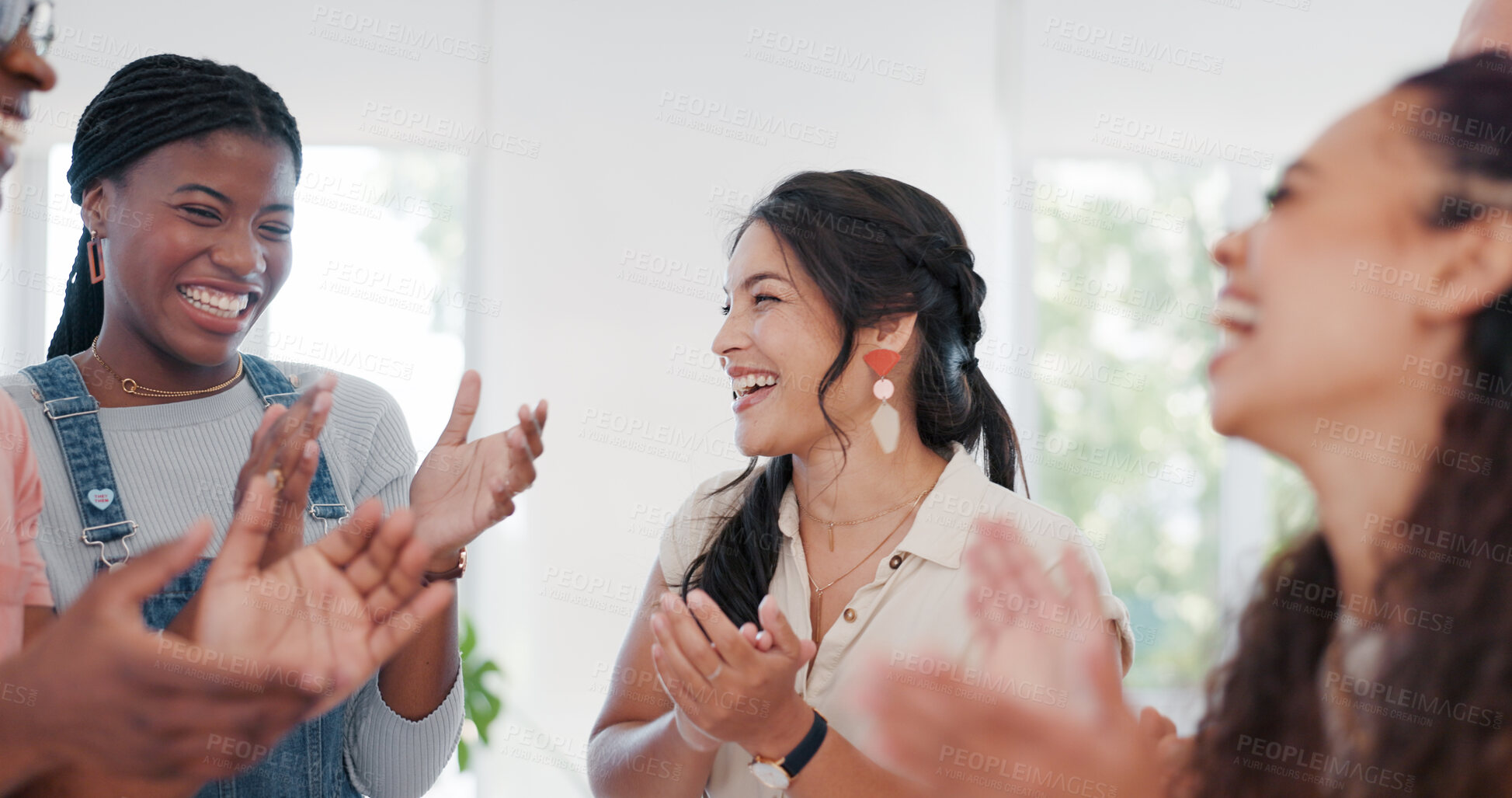 Buy stock photo Motivation, success and applause with a business team in an office together for a deal or bonus celebration. Support, winner or collaboration with an employee group clapping for a workplace promotion