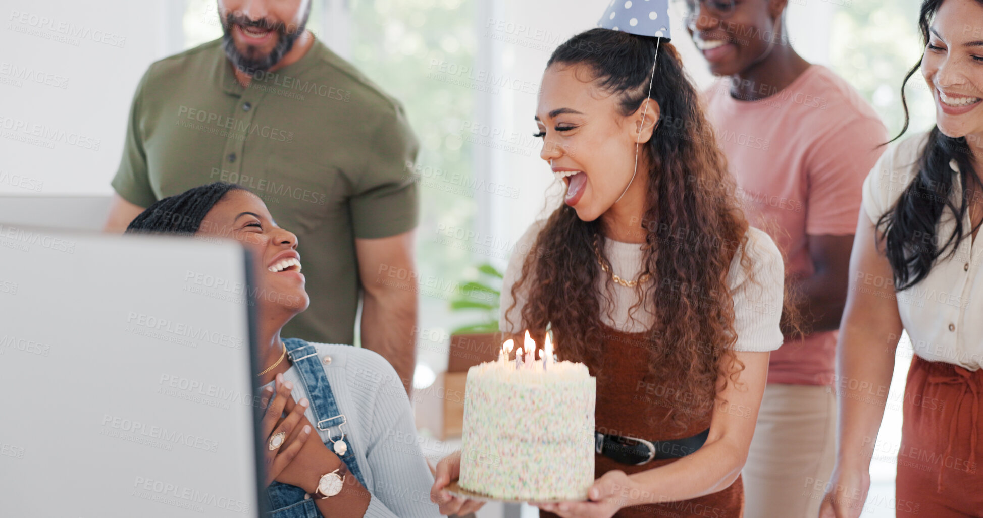 Buy stock photo Birthday, team and celebration for colleague, party and office with cake, team and smile. Singing, support and happiness with employees, appreciation and candles for dessert, cheering and surprise