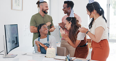 Birthday, celebration and team or office people for love, congratulations and success for creative, fun work culture. Announcement, clapping and celebrate employees or black woman promotion with cake