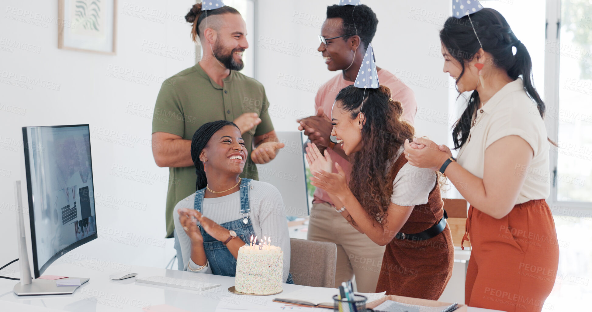 Buy stock photo Happy birthday, celebration and team with cake in office for congratulations, support and applause for success in work. People, singing and friends clapping for employee in party or black woman