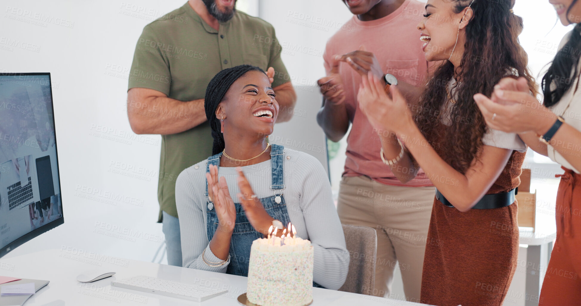 Buy stock photo Happy birthday, celebration and team applause with cake in office for congratulations, support and success in work culture. People, sing and friends clapping or employees in party for black woman