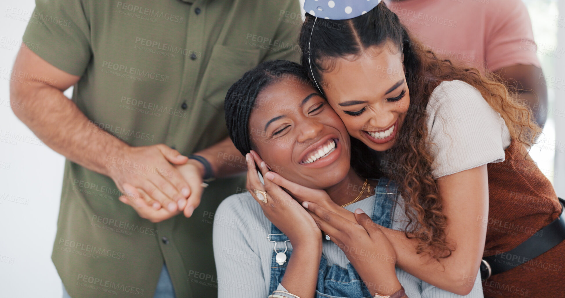 Buy stock photo Happy birthday, hug and team of business people in office celebration, applause and smile in creative startup. Embrace, excited and group of friends at party for congratulations, clapping and support