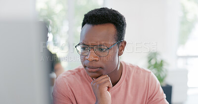 Thinking, idea or black man computer solution for 404 programming glitch or erp coding error. Information technology, developer or programmer repair cloud computing code or cyber security software