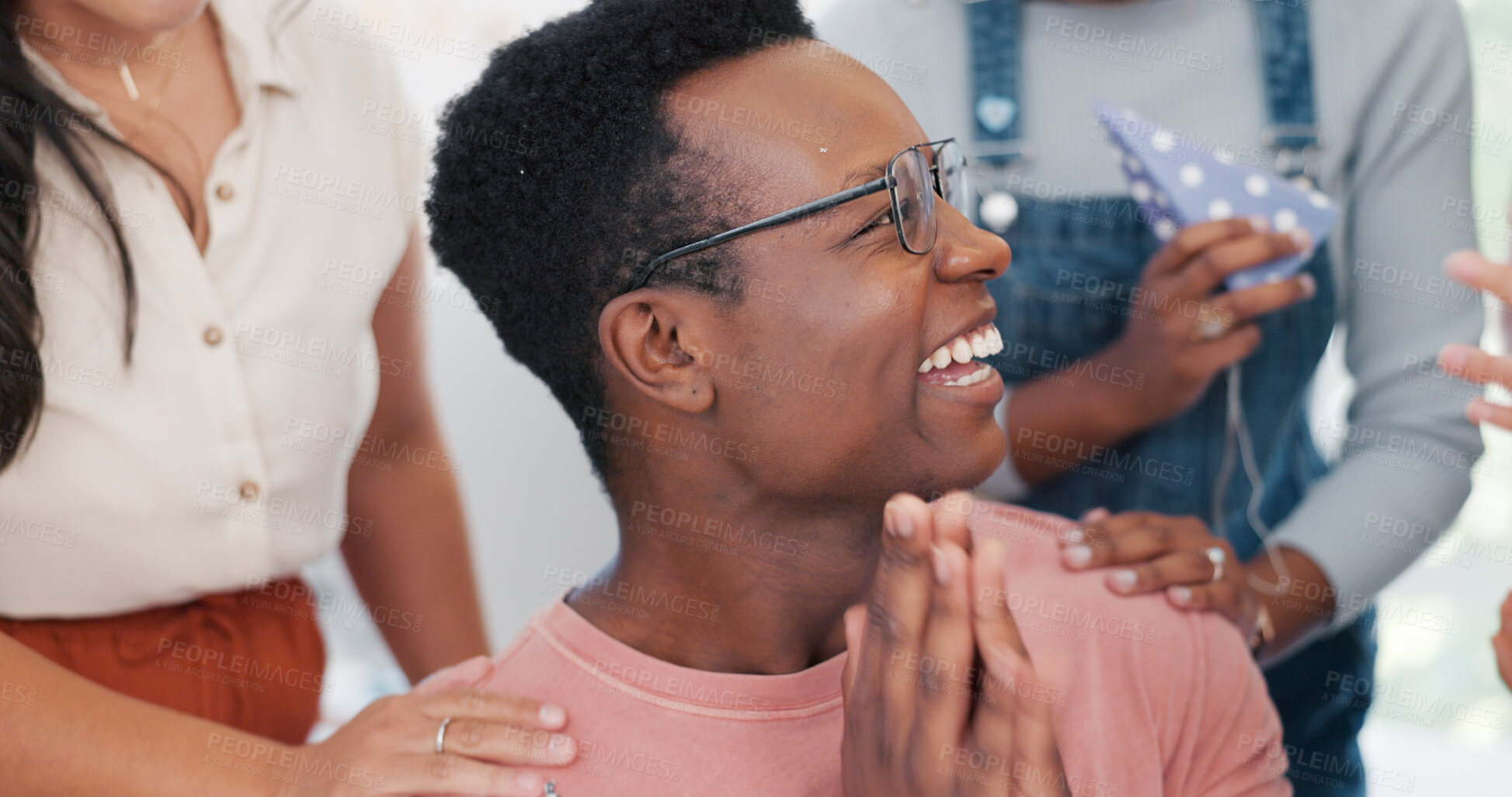 Buy stock photo Businessman, celebration and office with face in closeup for success, target or achievement with team. Black person, employee or worker with smile in happiness for project, leadership and applause