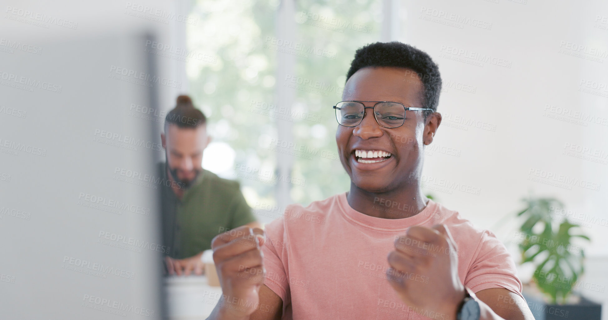 Buy stock photo Computer, celebration and excited black man happy for ERP software, cyber security system or coding success. Information technology, ai developer or programmer reading code programming achievement