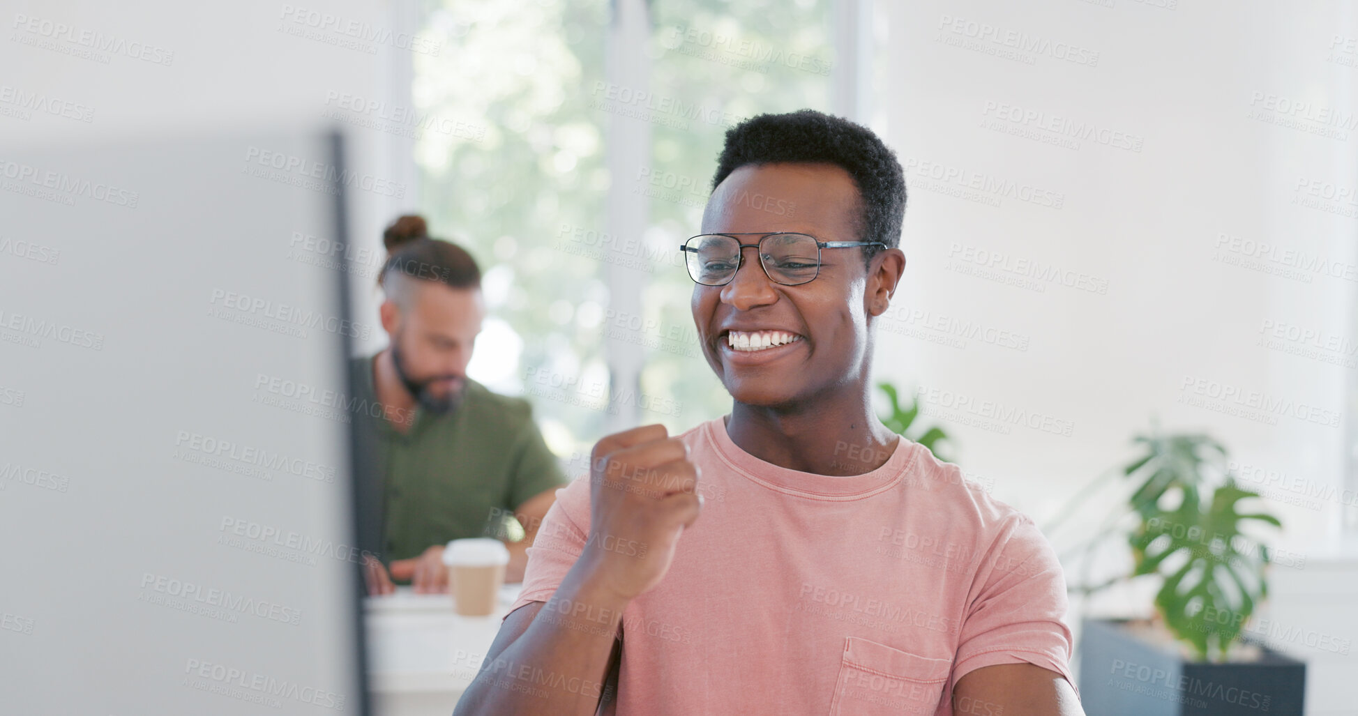 Buy stock photo Computer, trading and excited black man happy for ERP software, cyber security system or coding success. Information technology, ai developer or programmer reading code programming achievement