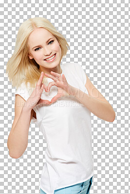 A happy woman fashion model making a loving heart sign hand gesture or heart hands with smile, kindness, and motivation, support trust and self-love isolated on a png background