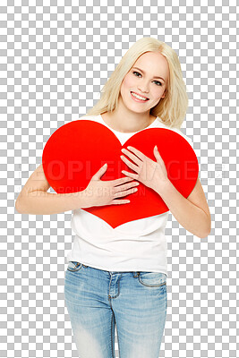 A young blonde girlfriend with a smiling face cuddles a red heart-shaped paper board and shows love, care, affection, self-love, and self-content isolated on a png background.