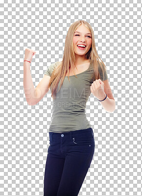 Happy excited female student or teenager winner with yes fist pump hands in the air sign for celebration, winning or success for goals achievement isolated on a png background.