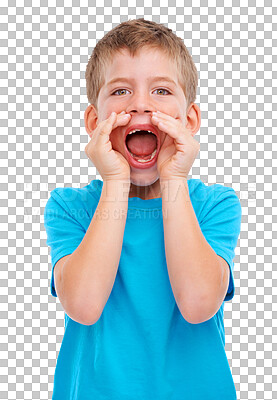 A young boy expressing his emotions with a loud shout or a dramatic pose, with hands on his face and a look of either shock, happiness, or excitement isolated on a PNG background.