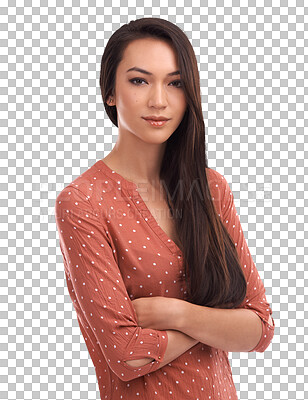 A Woman, beauty and portrait of a Asian model with casual clothing. Japanese, person and beautiful female feeling calm with arms crossed and vertical mock up alone isolated on a png background
