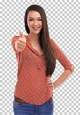Woman, studio portrait and thumbs up with smile, fashion and yes for motivation. model, thumbsup and agreement with happiness, isolated and success with excited hand sign isolated on a png background