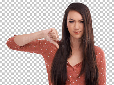 A Woman, thumbs down and frowning in frustration, wrong or expression. Portrait of isolated female model pointing thumb down for negative, incorrect or displeased isolated on a png background