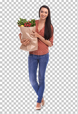 A Woman, smile portrait and vegetable grocery shopping bag for healthy nutrition, diet and happiness isolated in studio. Model, face and happy for organic food or customer groceries isolated on a png background