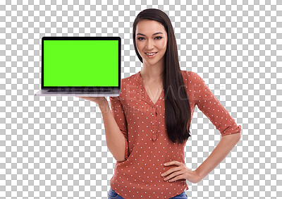 A young Asian sales girl with a personal green screen computer or laptop mockup for online data, Marketing, advertising, website, digital logo, and information isolated on a png background.