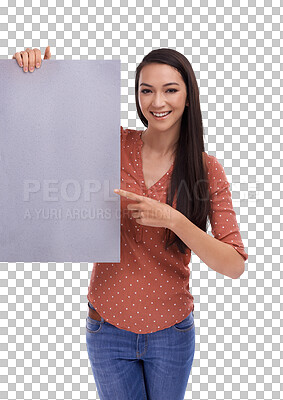 A beautiful petite sales girl with a mock-up or a saleswoman pointing at a blank poster, placard or billboard for promotion advertising or product placement, marketing sign and banner space isolated on a png background.
