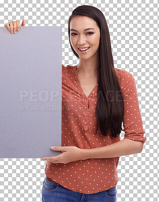 A young sales model girl holding an advertising mockup poster, placard or billboard for promotion, marketing, Sign, banner or product placement isolated on a png background.