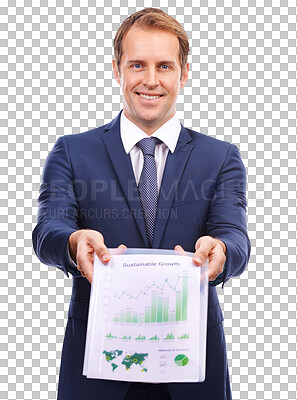 A business or sales manager presents a chart of data analytics and finance statistics showcasing the portfolio\'s performance and the presentation on profit for sustainable growth isolated on a png background.
