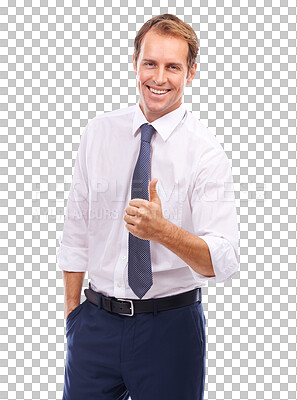 A successful businessman or corporate employee expresses their motivation for winning and success through a cheerful thumbs up and smile isolated on a png background