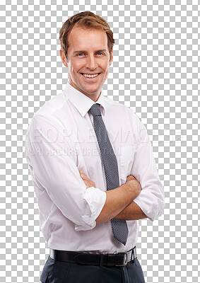 A lead manager or a happy businessman stands confidently with arms crossed, projecting an optimistic career mindset and a cheerful smile isolated on a PNG background.