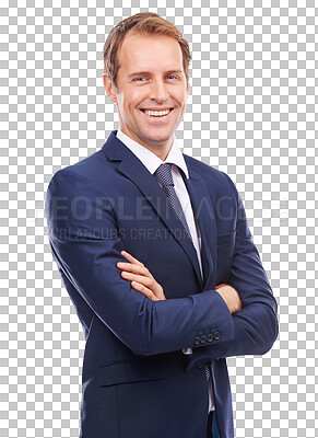 With a clear mindset and a vision for future growth, a well-dressed corporate employee stands confidently with their arms crossed isolated on a png background.