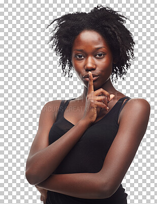 With a shhh gesture, the African black woman hints at her positive mindset and wellness secret for achieving a glowing and healthy skin through effective skincare isolated on a png background.