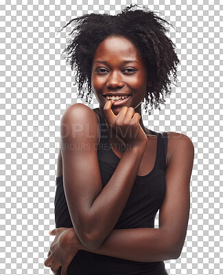 A stunning beauty model with with flirting expressions or a charming African girl with curly hair contemplates a haircare treatment to enhance her hair texture isolated on a png background.