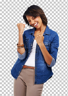 Success celebration, winner and woman. Face, winning or happy, amazed and excited female model celebrate victory, triumph or goal achievement with eyes closed isolated on a png background