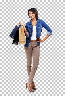 Fashion, retail or happy customer with shopping bag with marketing mockup space. Sale, portrait or black woman with girl clothes on discount deal or promotional offer isolated on a png background