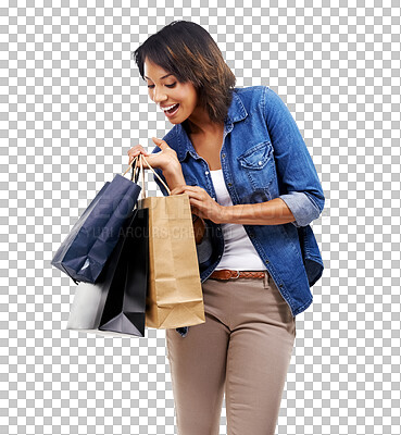 Fashion, wow or happy black woman with shopping bag with marketing mockup space. Sales, retail or happy customer with girl clothes on discount deal or promotional offer isolated on a png background