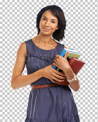 A Woman with books in portrait, teacher and reading for education with learning. Academy, school and learn with teaching, knowledge and study with academic motivation isolated on a png background
