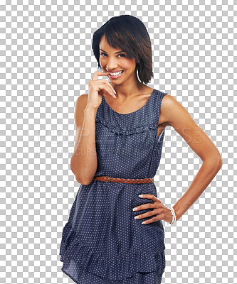 A Portrait, happy and mockup with a model black woman for product placement. Advertising, brand and marketing with an attractive female on blank space isolated on a png background