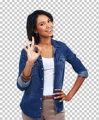 Hand signal, ok and portrait of black woman with smile on face, agreement and understanding. Motivation, approval and good job sign language meme, happy woman isolated on a png background