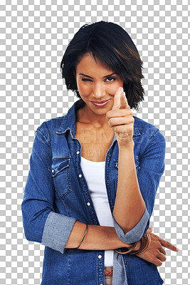Flirty, decision and portrait of a black woman pointing a finger. Smile, motivation and happy African model with a wink, choice and excited on a isolated on a png background