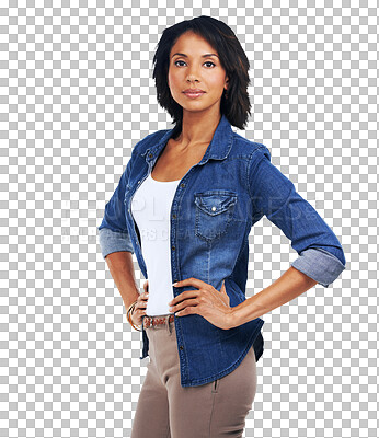 A Portrait, black woman and hands on hips for confidence, leadership and girl. African American female, lady or leader with success, vision or motivation for success isolated on a png background