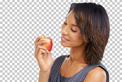 Health, fruit or black woman eating an apple with marketing mockup space. Smile, organic or happy African girl advertising healthy food or diet for self care or wellness isolated on a png background